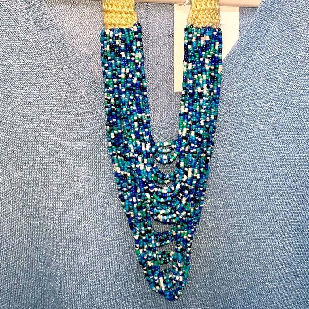 Blue, Green and White Boho Multi colored layered beaded necklace